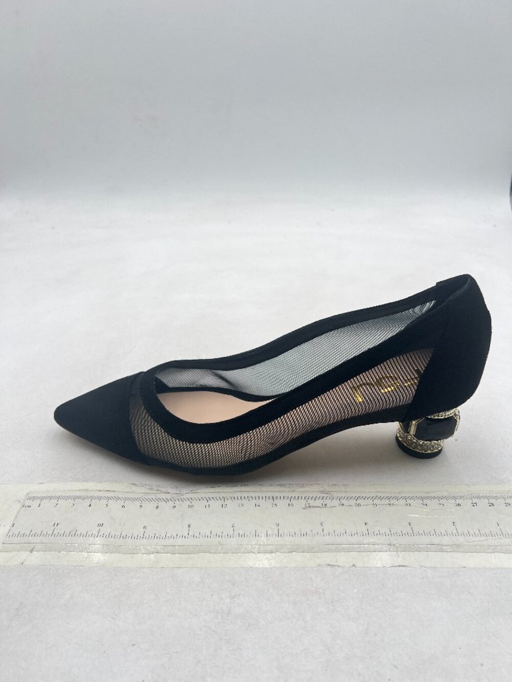 FSJ Black Mesh Pointed Toe Chunky Low Heel Crystal Pumps Slip on Wedding Shoes - Picture 2 of 8